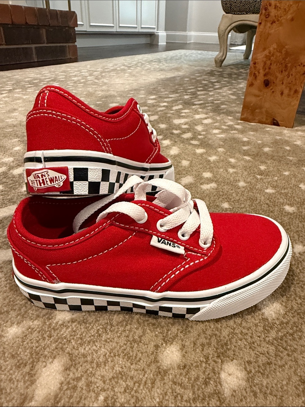 New Vans Kids Red Canvas Checkerboard Lace-Up Sneakers. Size 11